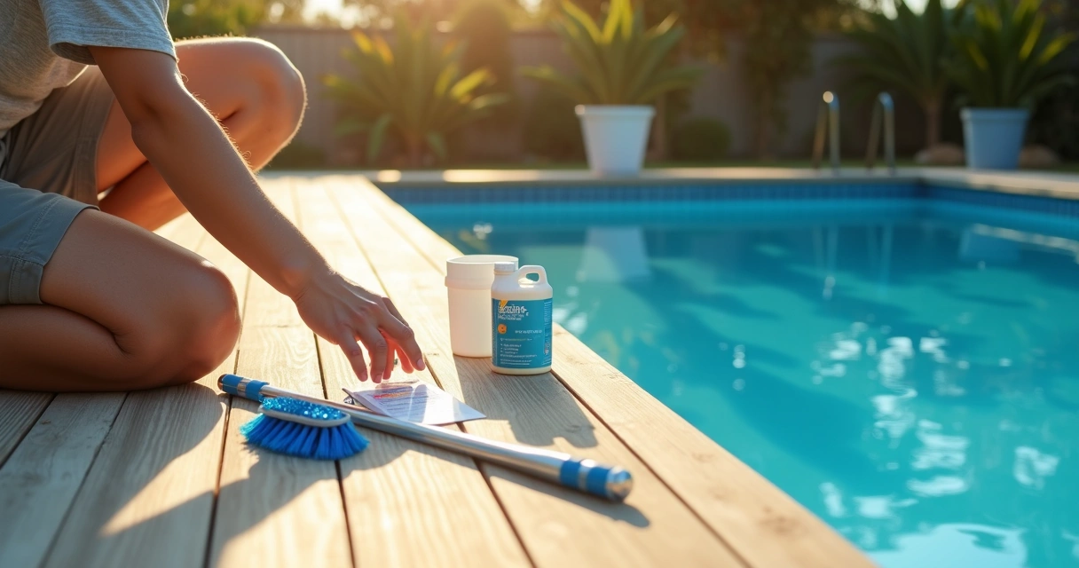 Person checking pool testing kit beside Australian backyard pool 