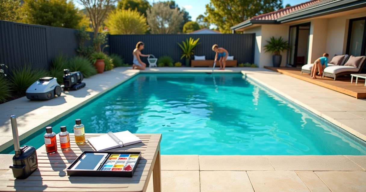 Australian family checking residential pool filter and water clarity 
