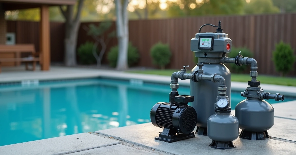 Australian backyard pool equipment area with different pool pumps and control panel 