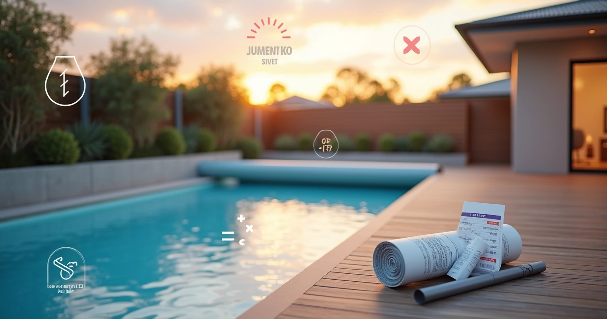 Australian backyard pool at sunset with money and energy icons concept 