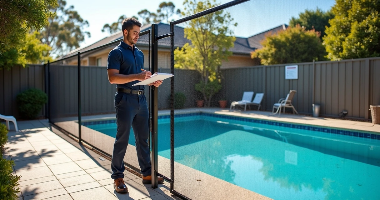Certified inspector checking a backyard pool fence and gate in Australia 