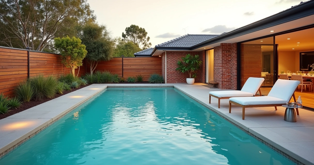 Australian backyard with saltwater pool beside modern deck and coastal native plants 