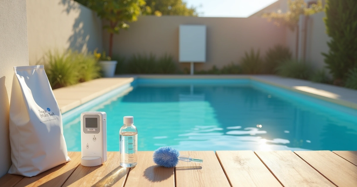 Calm Australian backyard saltwater pool with simple maintenance tools arranged neatly on deck 