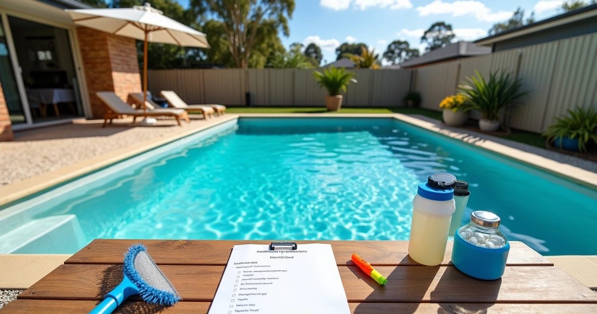 Sunlit Australian family poolside with visible summer cleaning gear and checklist 