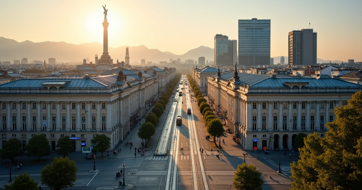 Vienna business district with classical and modern buildings, trams and Chinese signage