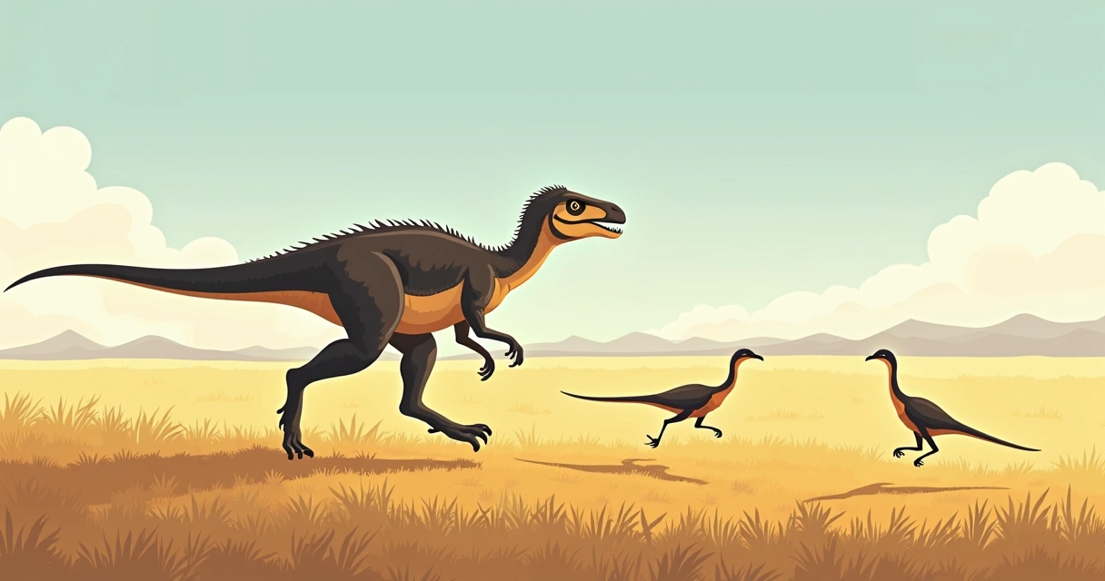 Austroraptor perseguindo pequenas presas em campo aberto 