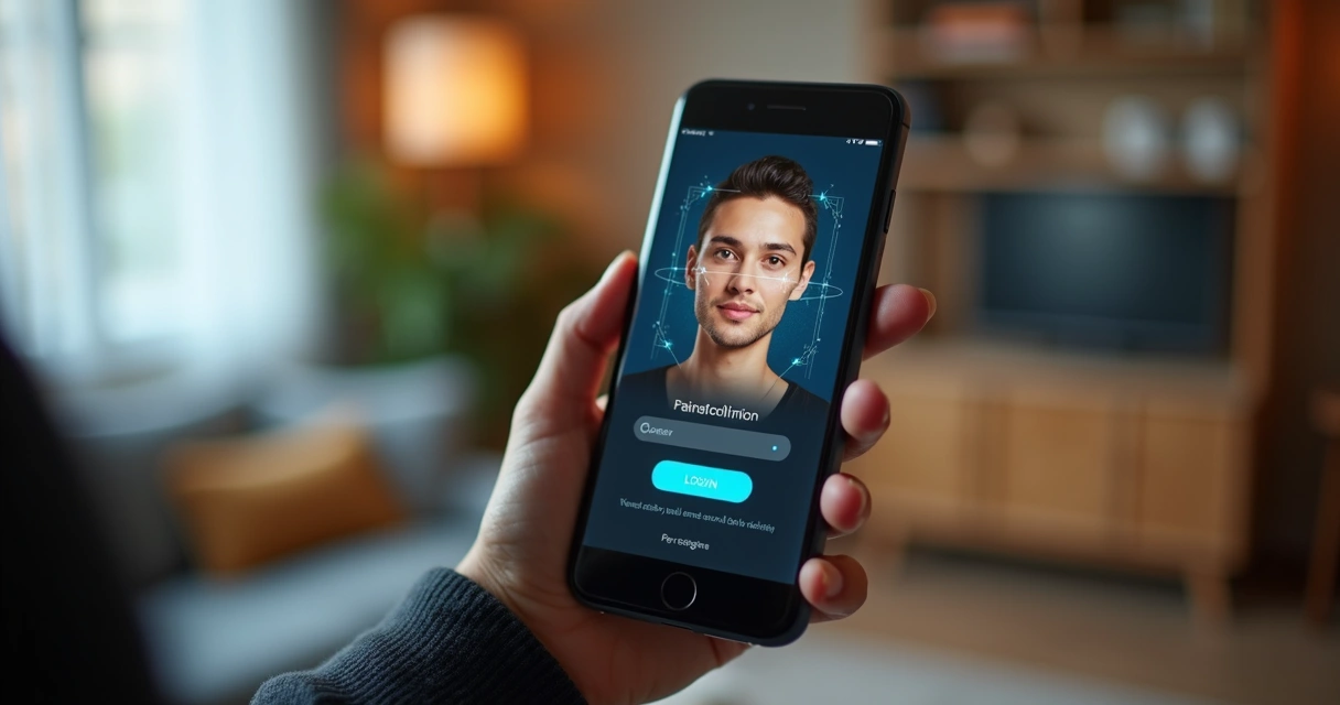 Pessoa usando reconhecimento facial para entrar em app bancário no celular