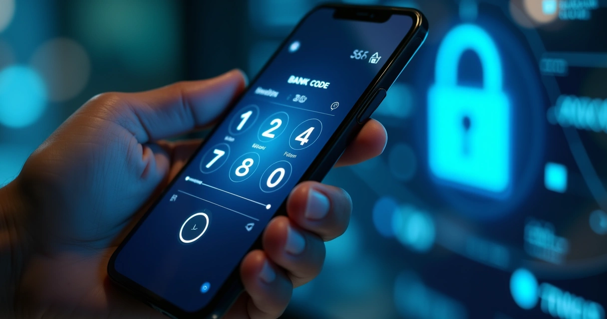 Dispositivo móvel exibindo código de autenticação para acesso bancário com cadeado digital azul e teclado de senha ao fundo 