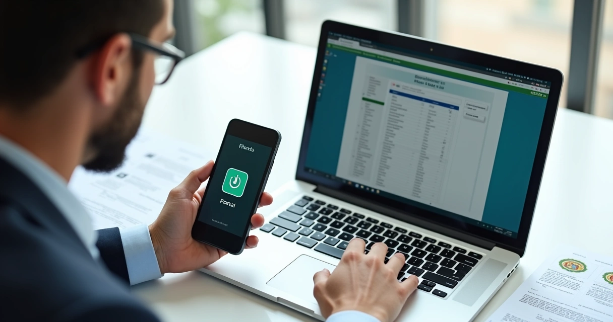 Homem com crachá segurando celular mostrando autenticação digital em aplicativo 