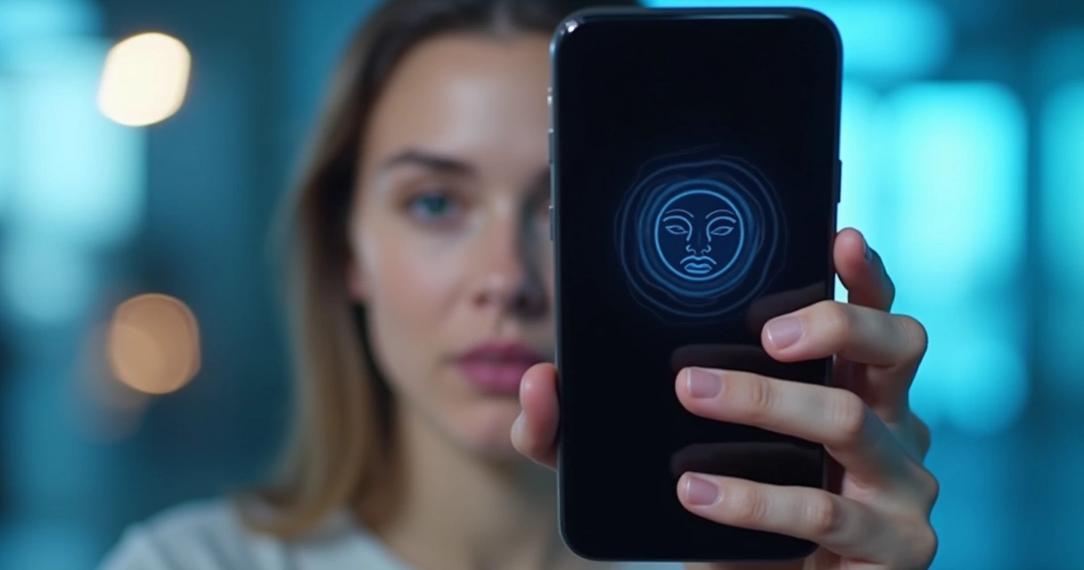 Pessoa utilizando autenticação facial no celular