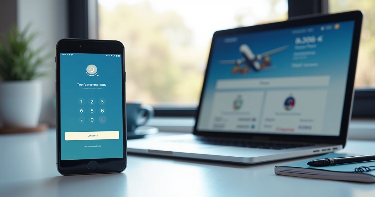 Celular com autenticação em dois fatores e notebook com conta de milhas aberta 
