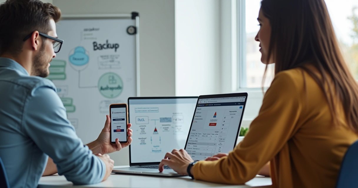 Duas pessoas usando código de autenticação em notebook aberto 