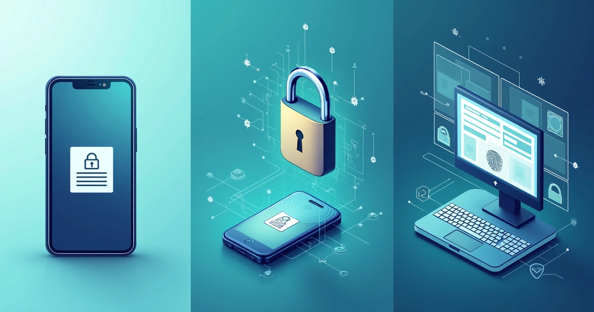 Ilustração de dispositivos mostrando fatores diferentes de autenticação, como celular, token, reconhecimento facial 