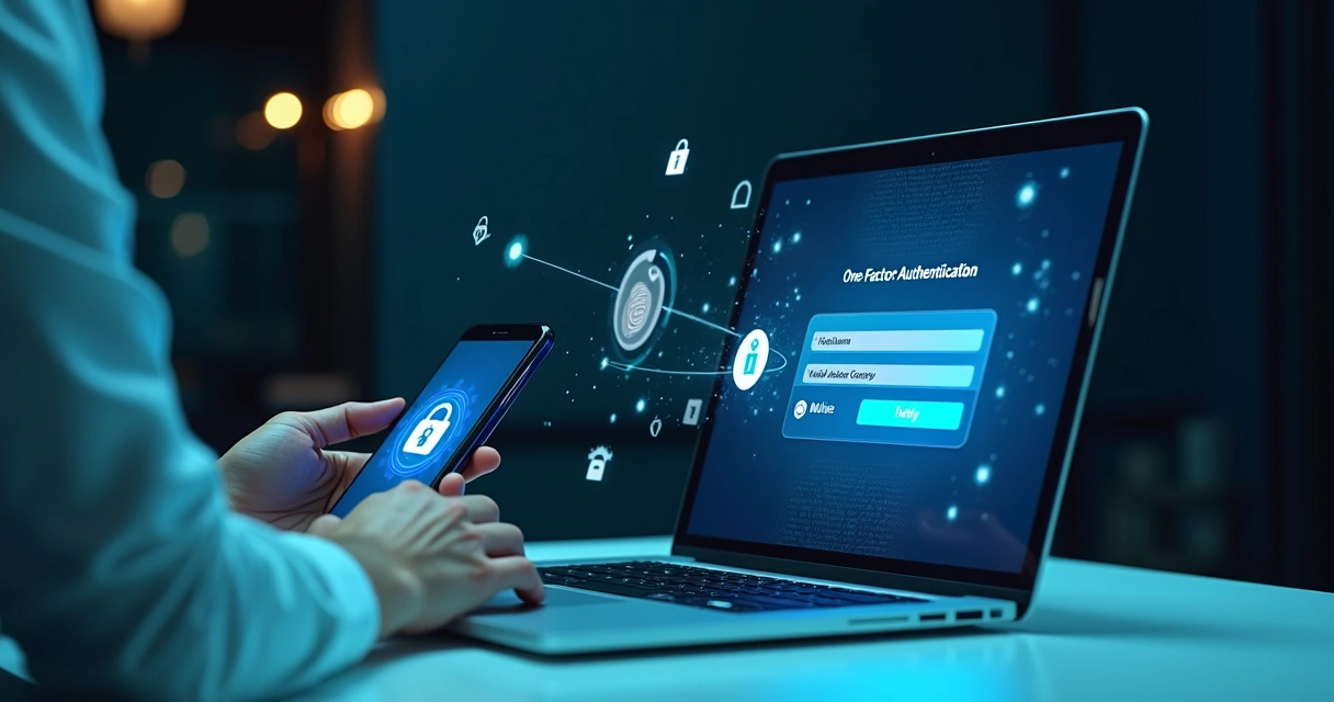 Profissional de TI usando autenticação multifator em notebook com ícones de segurança digitais 