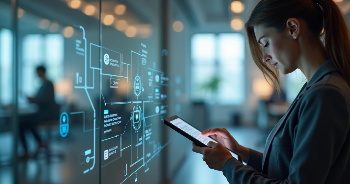 Mulher usando autenticação biométrica em tablet corporativo 