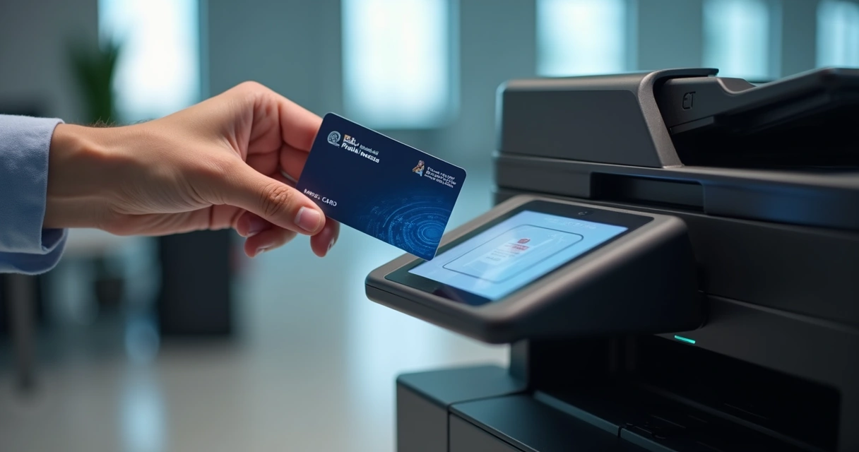 Pessoa autenticando impressão em multifuncional com cartão
