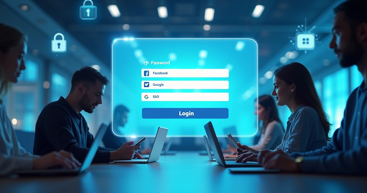 Tela digital exibindo ícones de autenticação por senha, redes sociais e SSO com fundo tecnológico azul e pessoas acessando via dispositivos móveis 