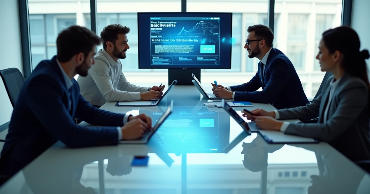 Mesa de trabajo con varios empleados autenticando documentos digitales 