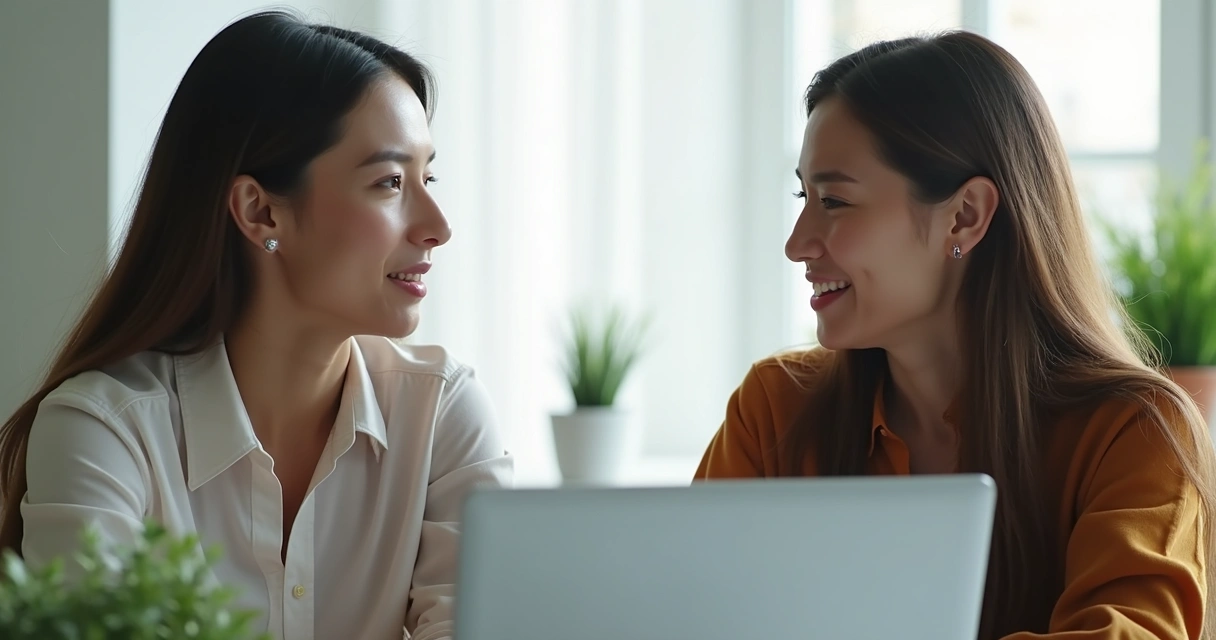 Dos personas conversan frente a computadoras mostrando expresiones auténticas 