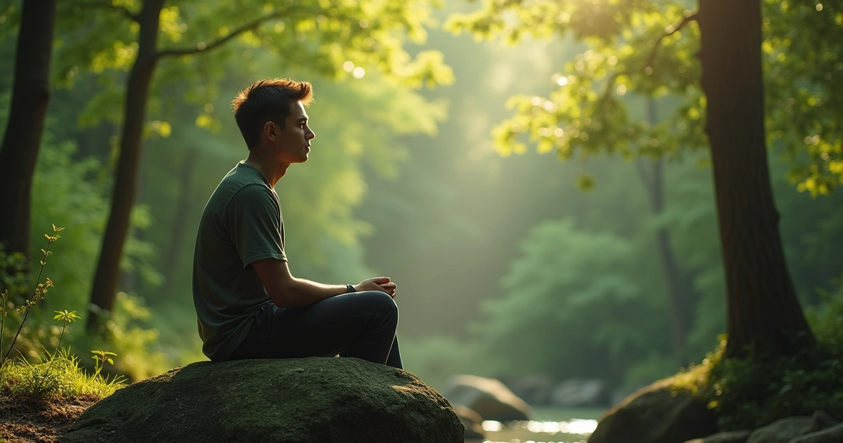 Persona reflexionando en solitario en un entorno de naturaleza 