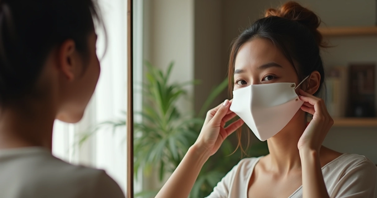 Persona quitándose una máscara blanca frente a un espejo con expresión serena 
