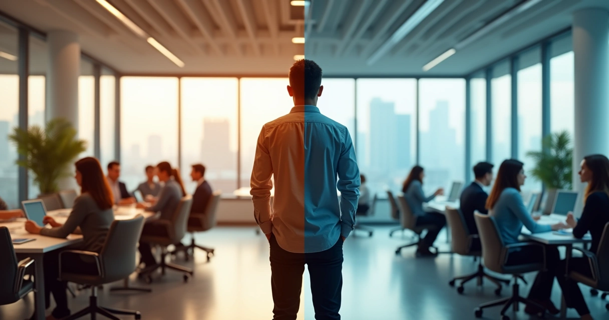 Profesional en oficina dividido entre autenticidad y adaptación en el trabajo 