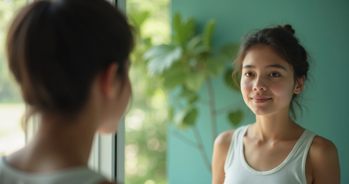 Joven mirando su reflejo en un espejo, rodeado de colores naturales y luz suave 