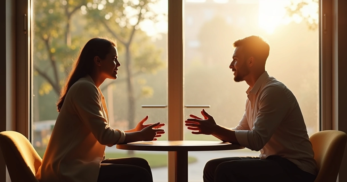Duas pessoas conversando em frente a uma janela ensolarada, uma expressando com as mãos e a outra ouvindo atenta 
