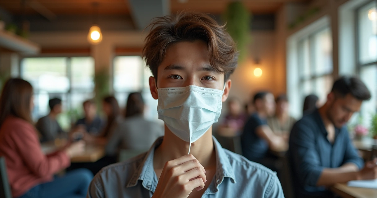 Pessoa dividida entre máscaras sociais e um eu autêntico em meio a um grupo 