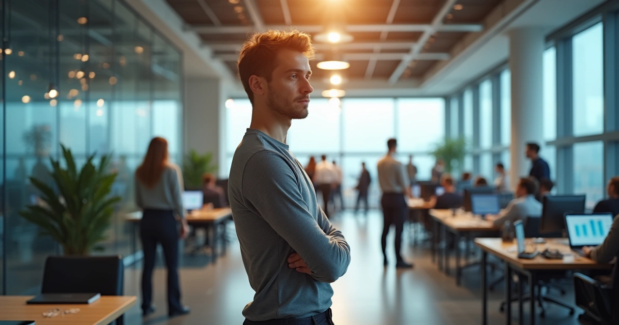 Profissional em meio a escritório competitivo mantendo postura autêntica e tranquila 