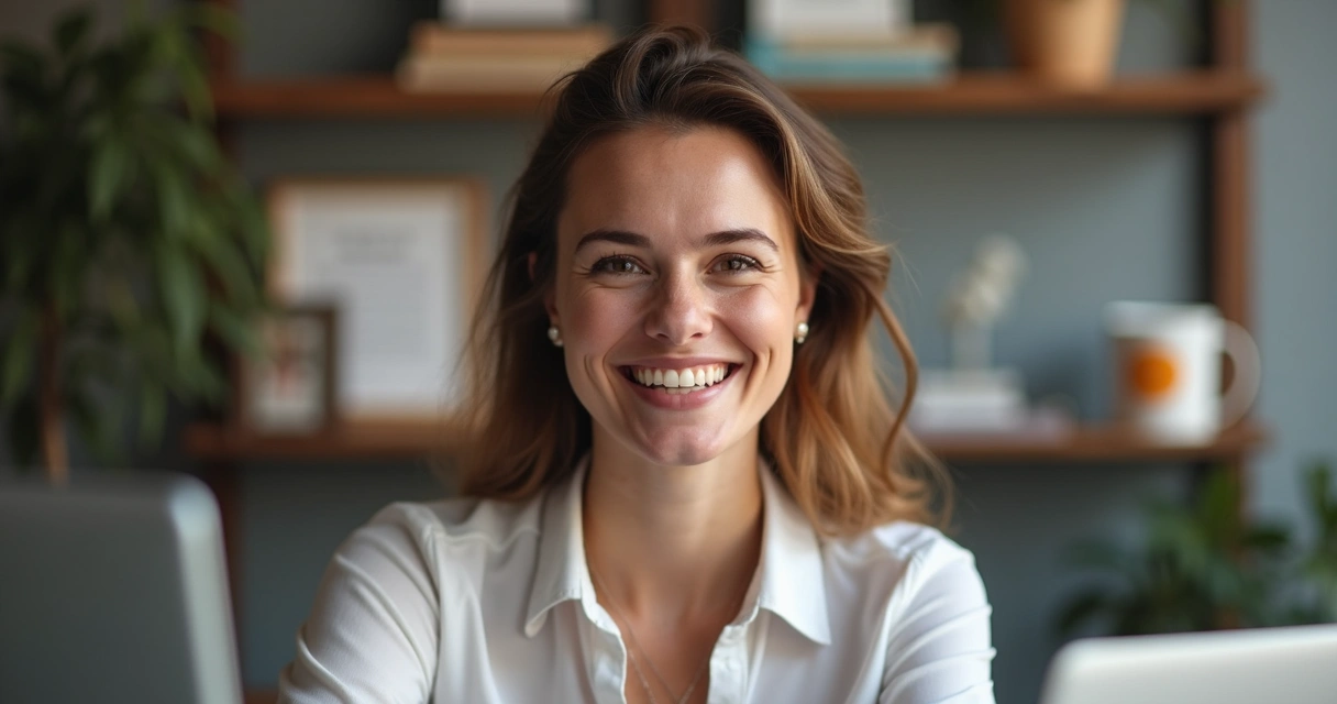Profissional sorrindo no LinkedIn, com elementos de autenticidade na foto
