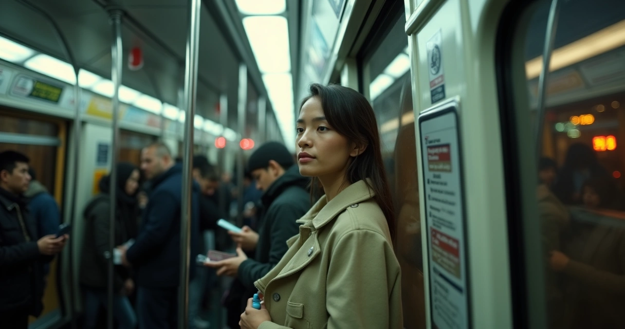 Pessoa tranquila de pé em vagão lotado de metrô olhando pela janela 
