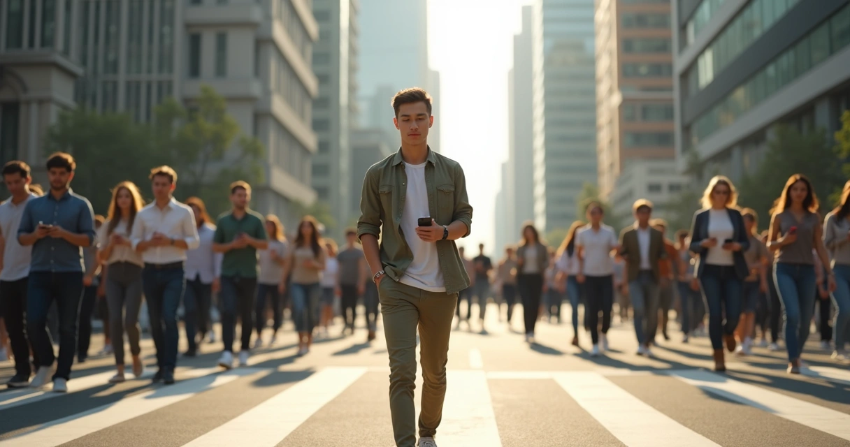 Pessoa dividida entre grupo homogêneo e caminho individual em cenário urbano 