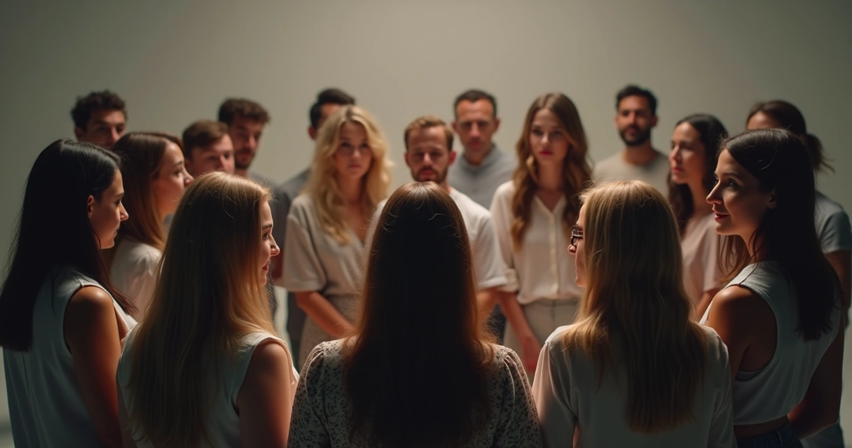 Pessoas em círculo, algumas olhando para fora, outras para dentro do grupo