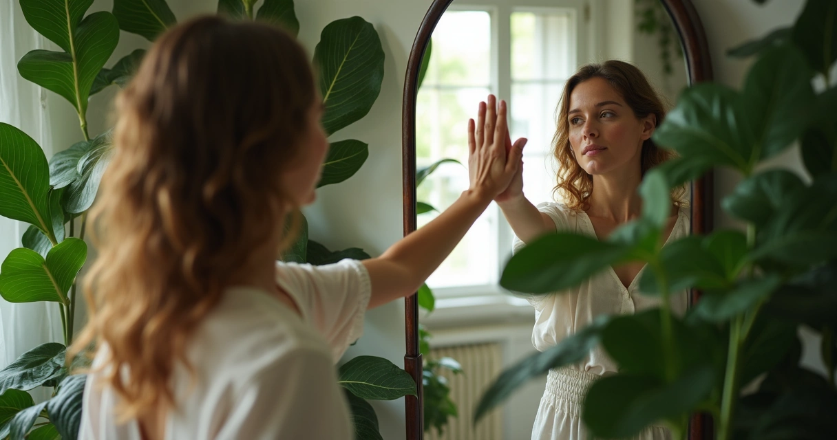 Pessoa observando o próprio reflexo em um espelho, rodeada de folhas verdes 
