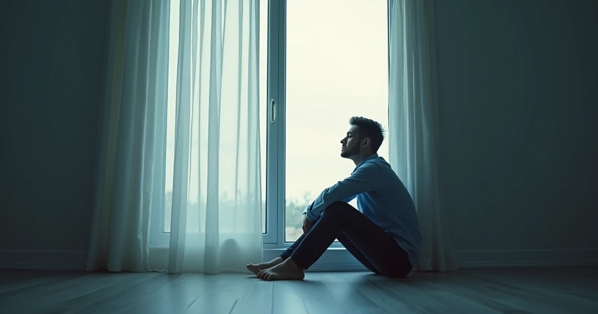 Pessoa encarando seu reflexo em um vidro em ambiente interno 