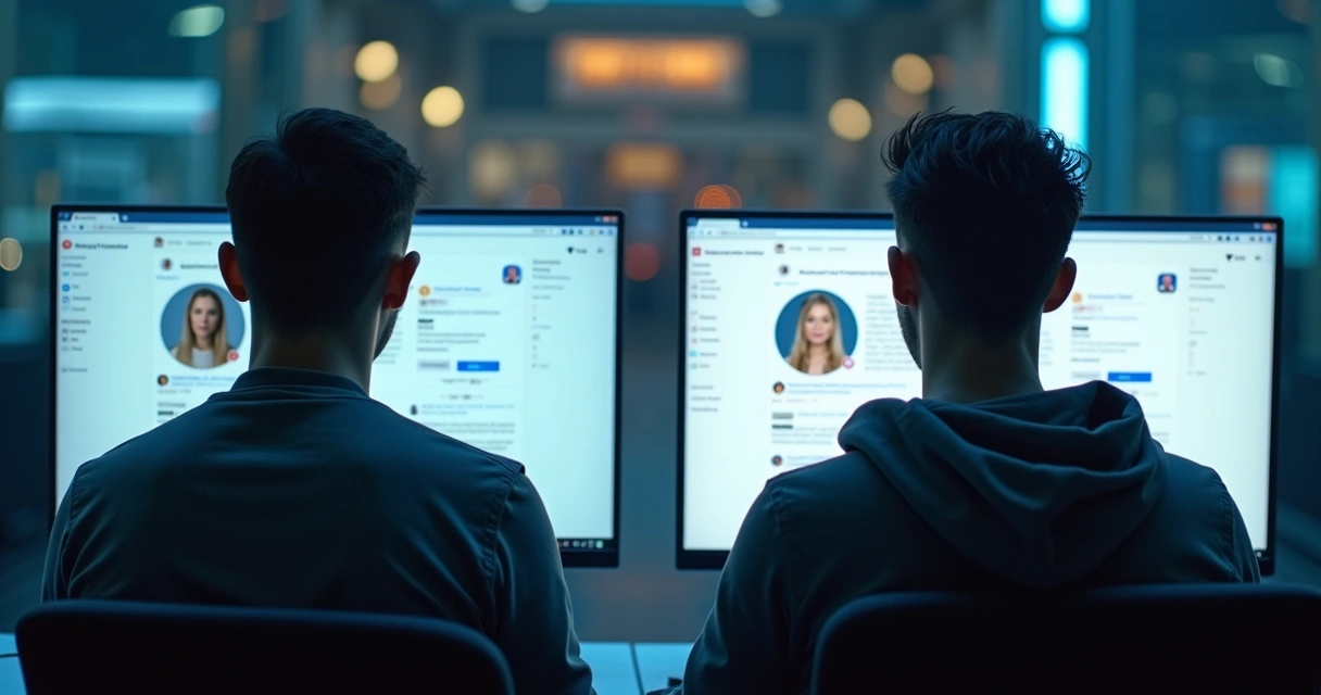 Duas pessoas lado a lado, uma real e uma avatar digital, em frente a computadores, simbolizando autenticidade nas redes 