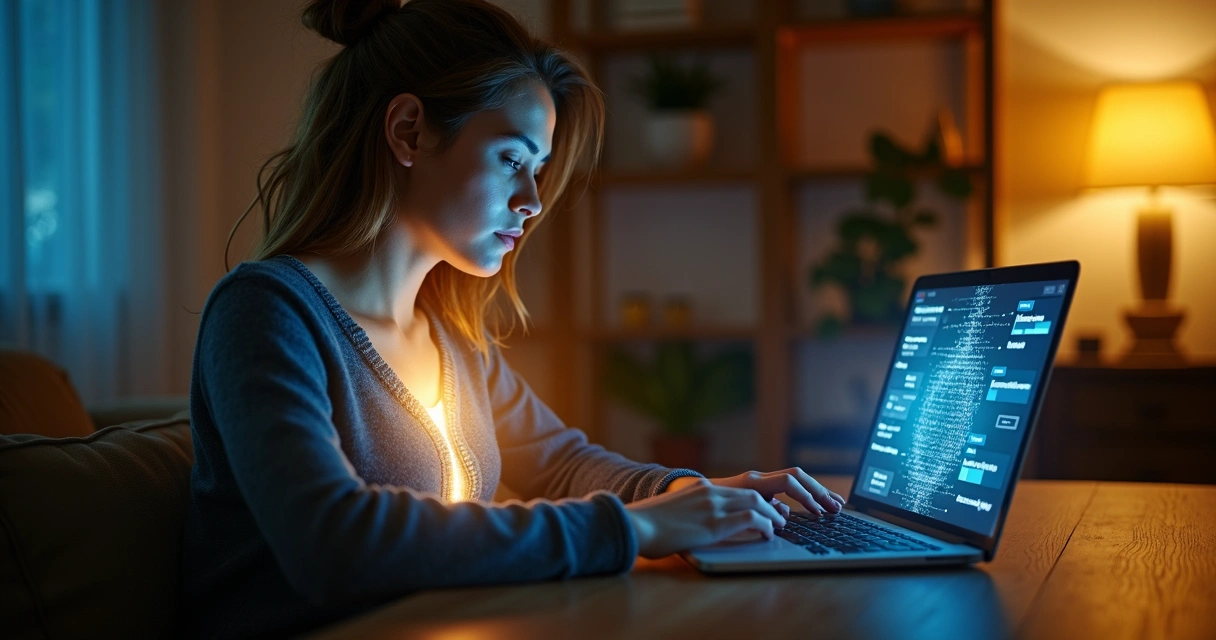 Pessoa diante de notebook com aura luminosa conectando mente e mundo digital 