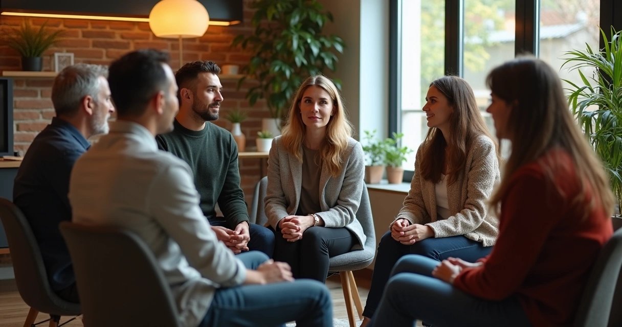 Grupo de pessoas sentadas em círculo discutindo com expressões abertas, ambiente acolhedor 