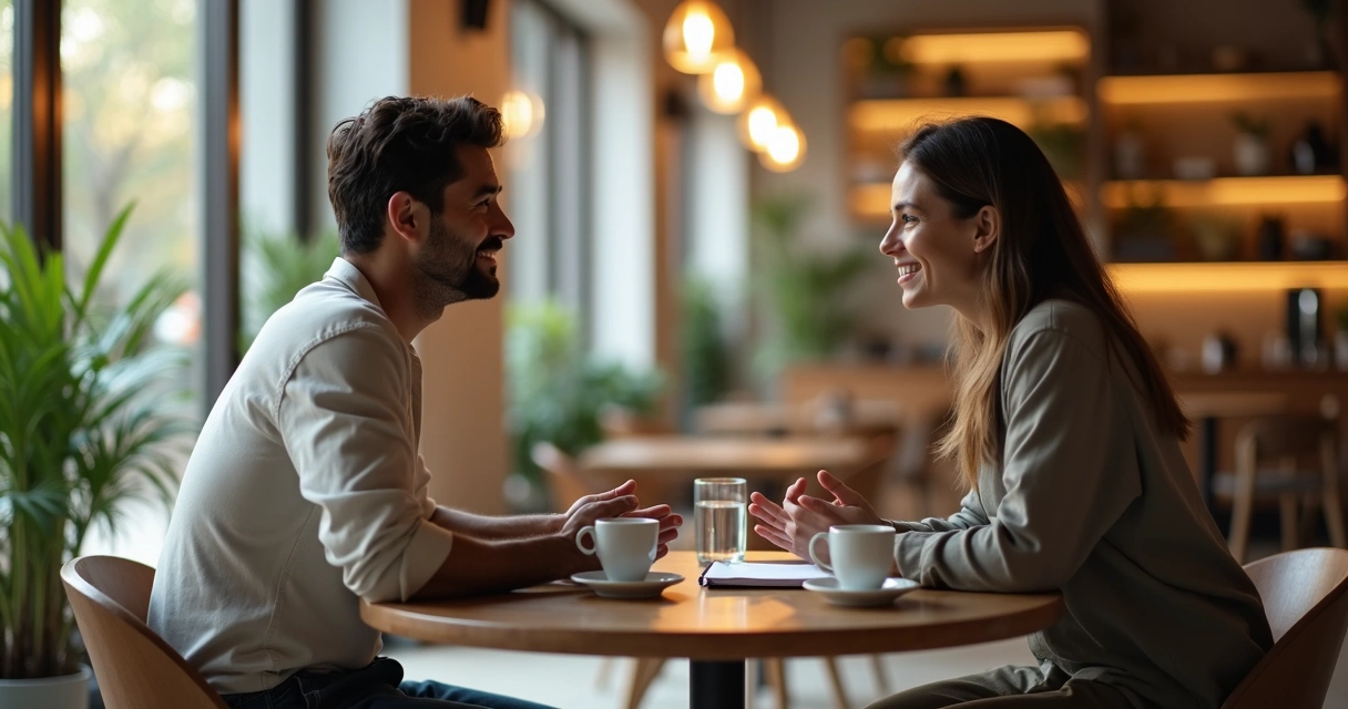 Duas pessoas conversando frente a frente em uma cafeteria moderna, equilibrando sinceridade e cortesia na conversa 