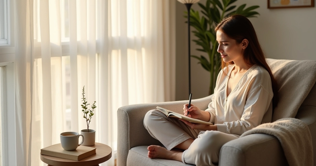 Pessoa sentada à janela com caderno refletindo sobre suas emoções 