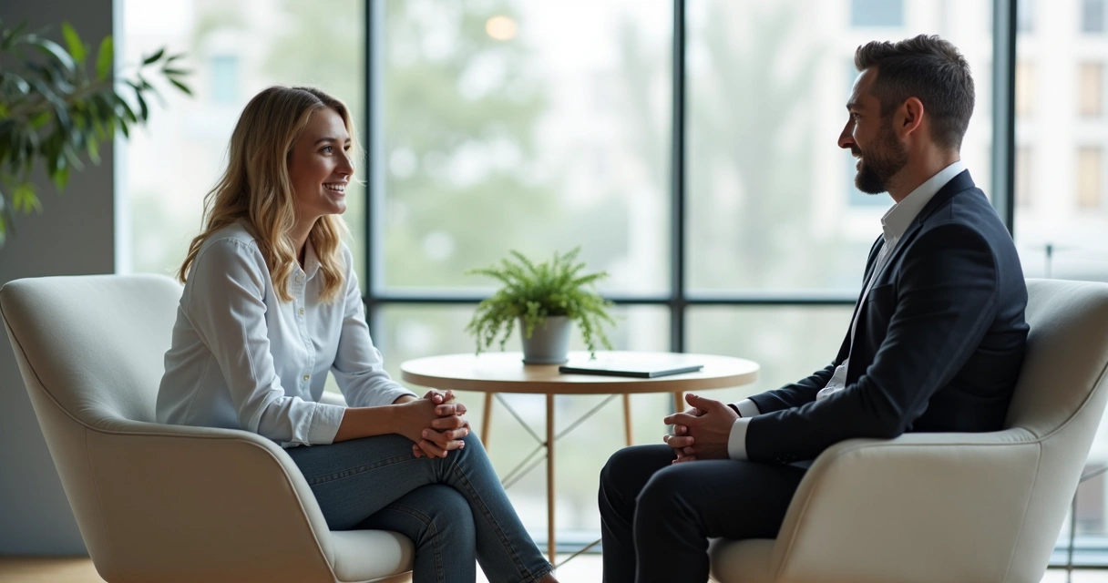 Duas pessoas conversando de frente, com expressões sinceras 