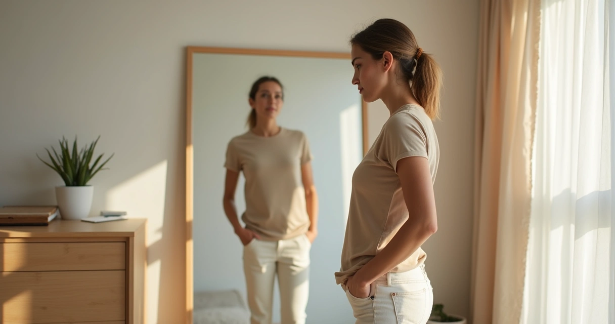 Pessoa diante de espelho com reflexo alinhado simbolizando autenticidade e consciência 