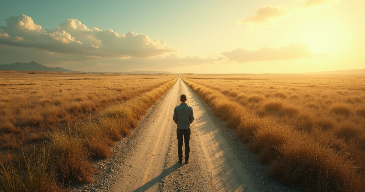 Pessoa caminhando sozinha em estrada dividida em dois caminhos