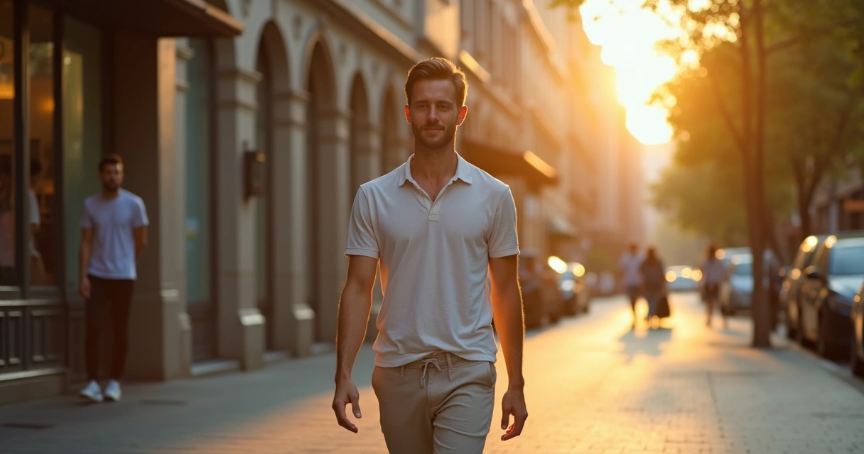 Pessoa caminhando na cidade mantendo postura tranquila e alinhada consigo mesma 