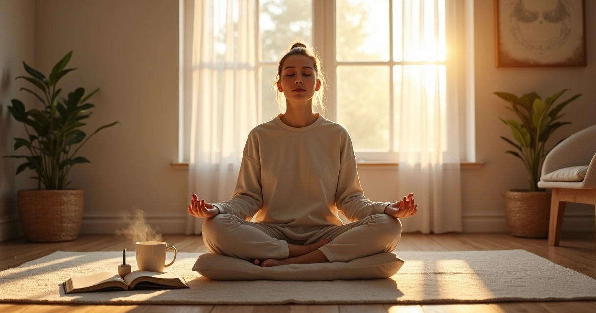 Pessoa sentada em silêncio em uma sala simples com luz suave e caderno de anotações ao lado 