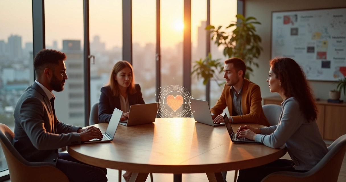 Profissionais em escritório moderno ao redor de mesa com linha luminosa ligando mente e coração 