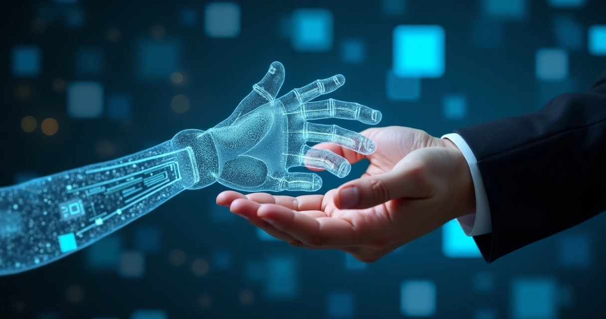 Duas mãos, uma humana e outra digital, juntas simbolizando colaboração autêntica. 