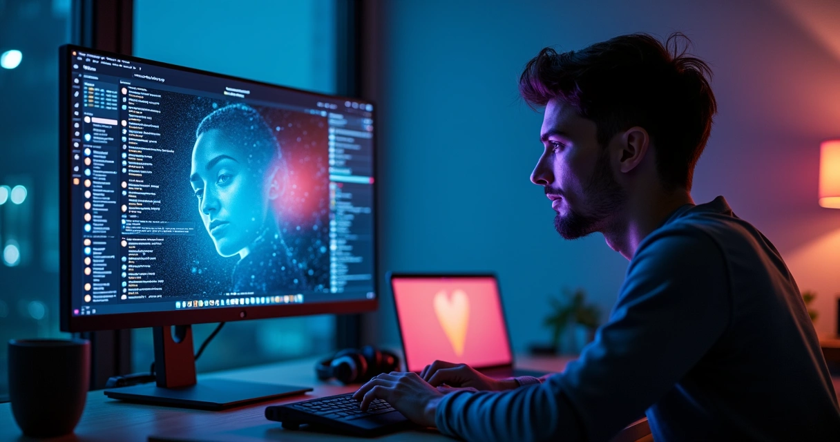 Pessoa olhando para tela com máscara digital refletida no vidro 