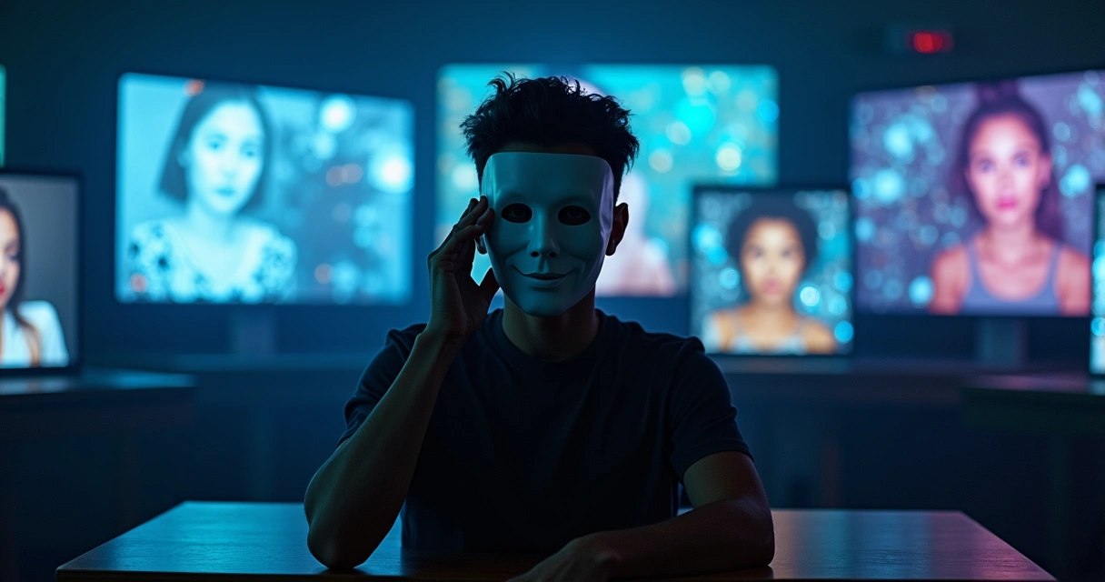 Pessoa removendo máscara diante de múltiplas telas digitais 